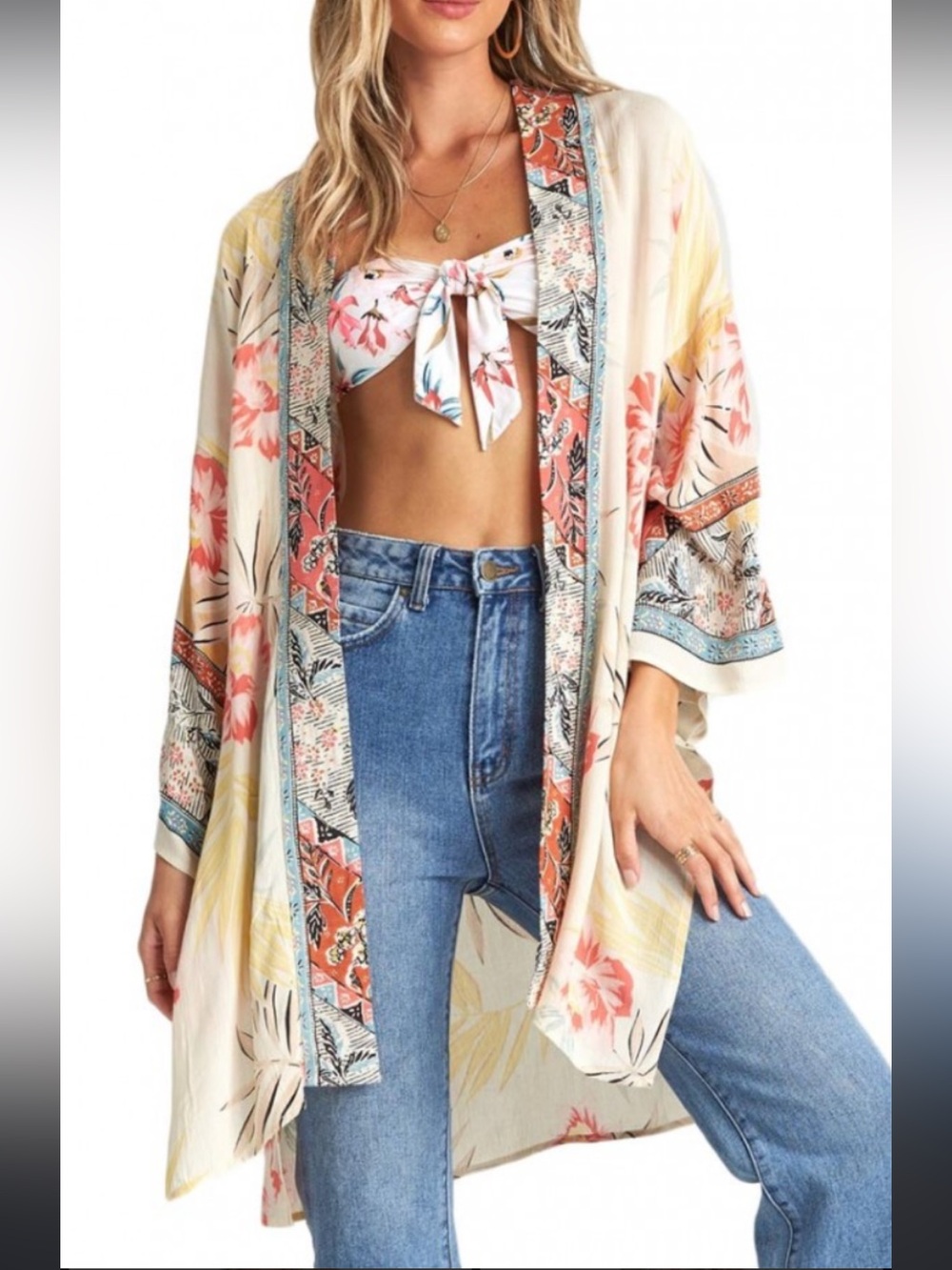 Billabong Floral Print Lightweight Kimono Beach Boho Festival Style